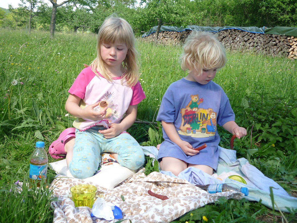 Two young girls having a picnic in a meadow.
