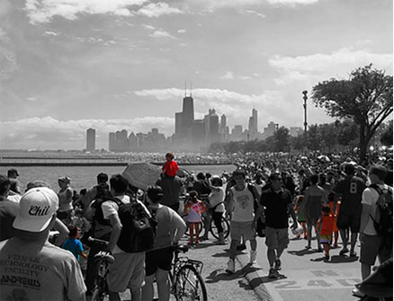 A crowded city with highlighted children