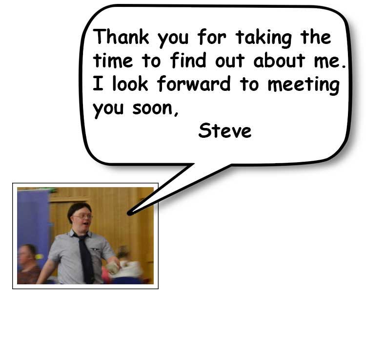 A young man with Downs Syndrome and a speech bubble