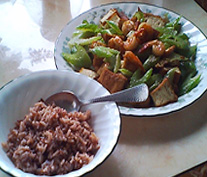 Chinese food - Shrimp, tofu, and celery with brown rice
