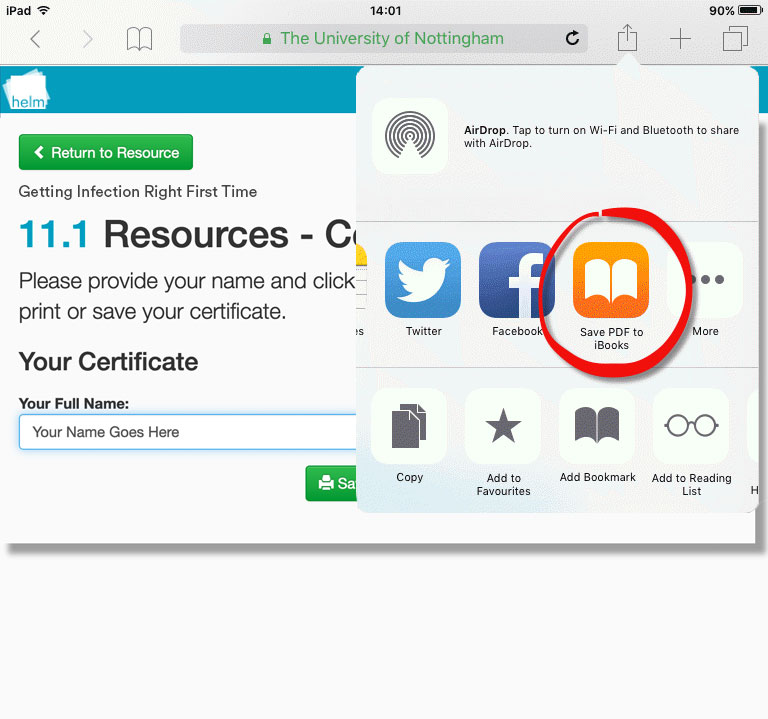 Screenshot of saving PDF on iOS device