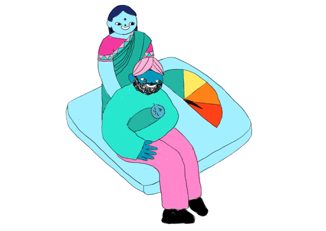 An illustration of a Mother and Father sitting on a giant scale with their baby.