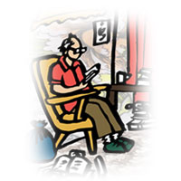 Brother A - An illustration of first brother sitting in armchair in messy bedsit reading.