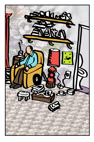 Brother B - An illustration of the second brother sitting in armchair in messy bedsit reading.