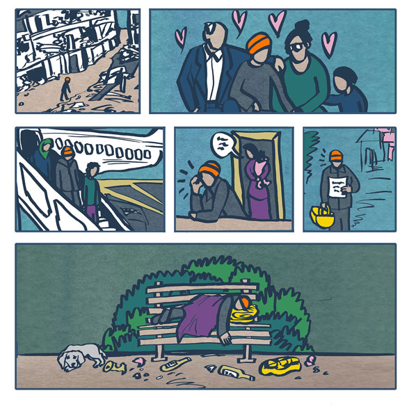 Illustration of Jake's lifestyle, Once happily married, Jake now sleeps on a park bench.