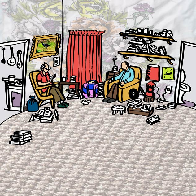 Illustration of the two brothers siting in their bedsit.