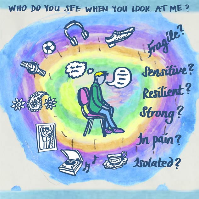 Illustration of boy in a waiting room - 'What do you see when you look at me?'