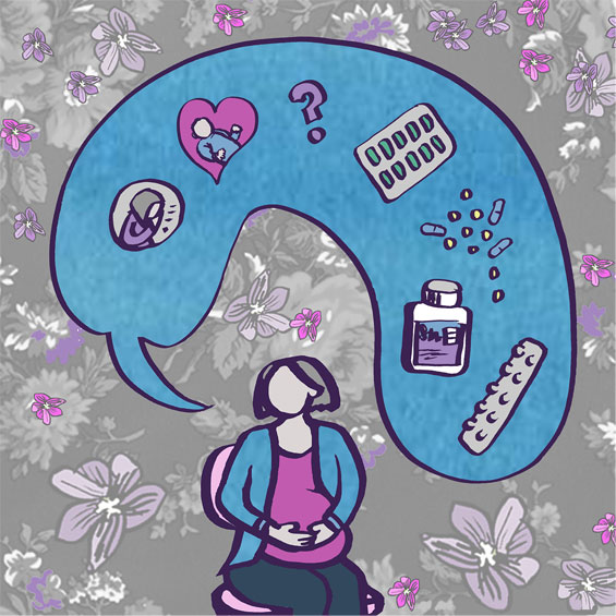 Illustration of Isabella, heavily pregnant and thinking of related issues.