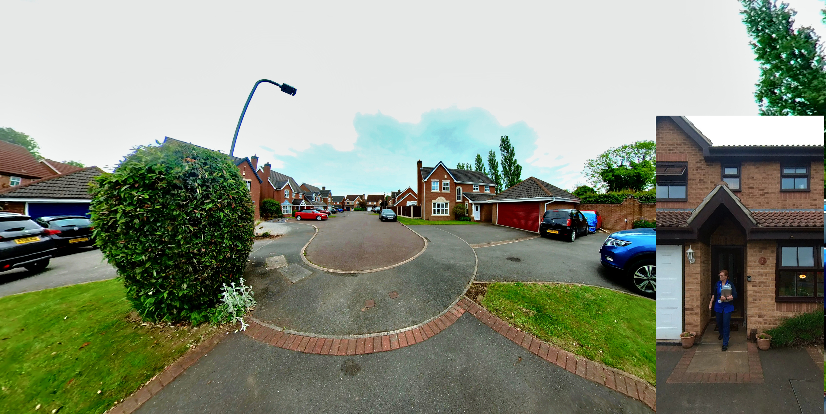 A panoramic view of the outside of the patients house - including links to further information about a community nursing visit.