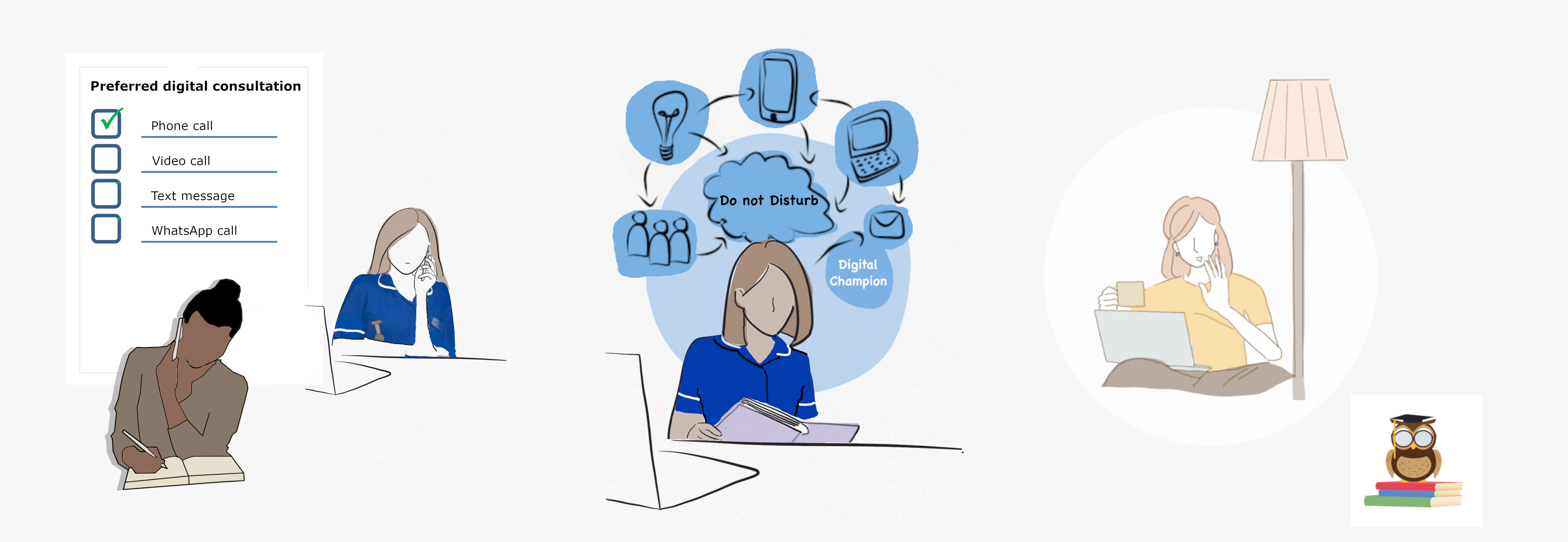 Illustration of a healthcare professional conducting a phone maternity care consulatation and a seperate image of consulataion booking options.