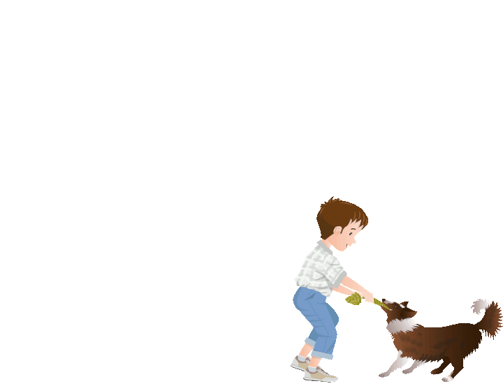 Child and dog playing together in front of sofa.