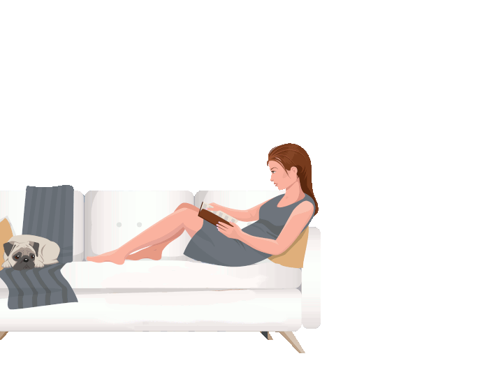 Pregnant woman and dog sitting on sofa bed in crowded flat.