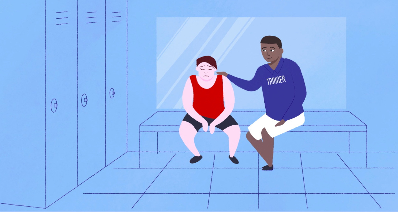 Illustration of a trainer starting a conversation with person about exercising.