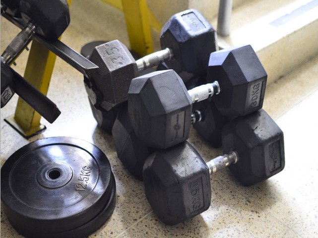 A photo of Gym weights as link for sports coach information.