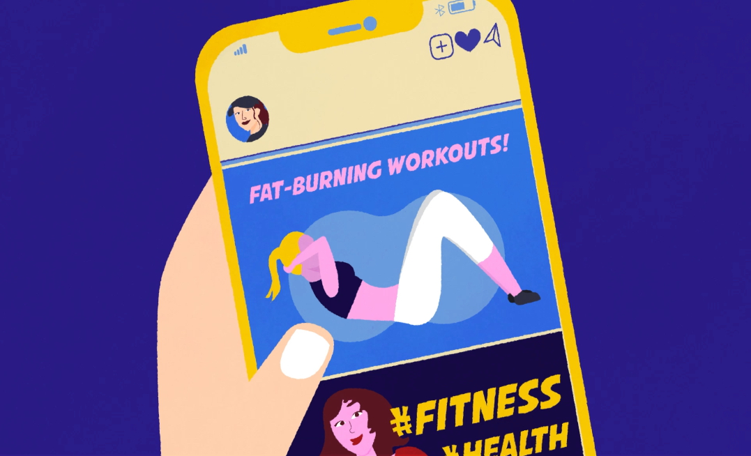 Illustration showing fat burning workout advert on smartphone screen.