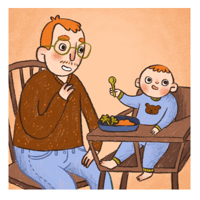 Illustration of a dad feeding his baby