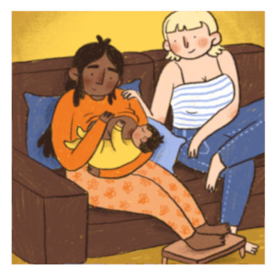 Illustration of mother breastfeeding her baby whilst talking with friend