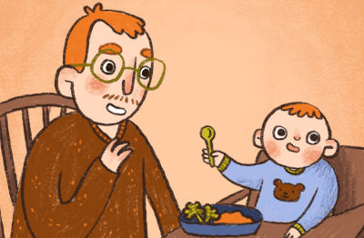 Stop Feeding: Father feeding child in highchair. Child looking disinterested in food.