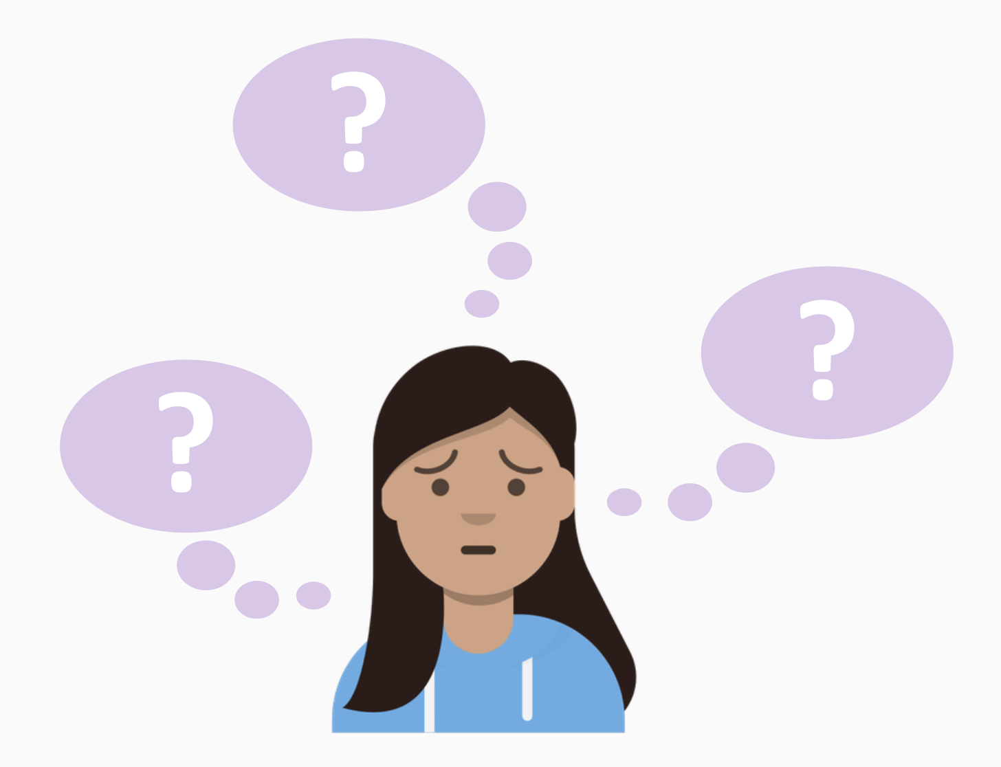 Fatim surounded by thought bubbles with question marks