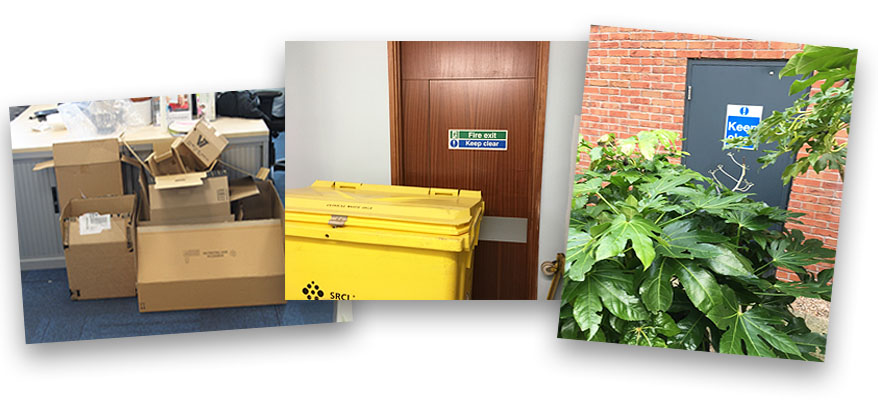 Three images of fire safety hazards in the workplace.