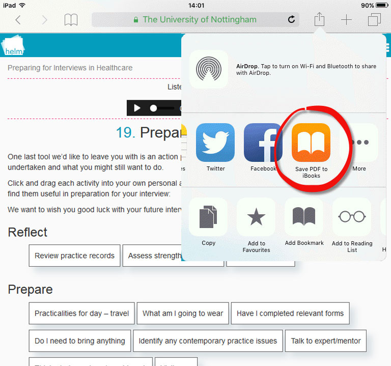 Screenshot of saving PDF on iOS device