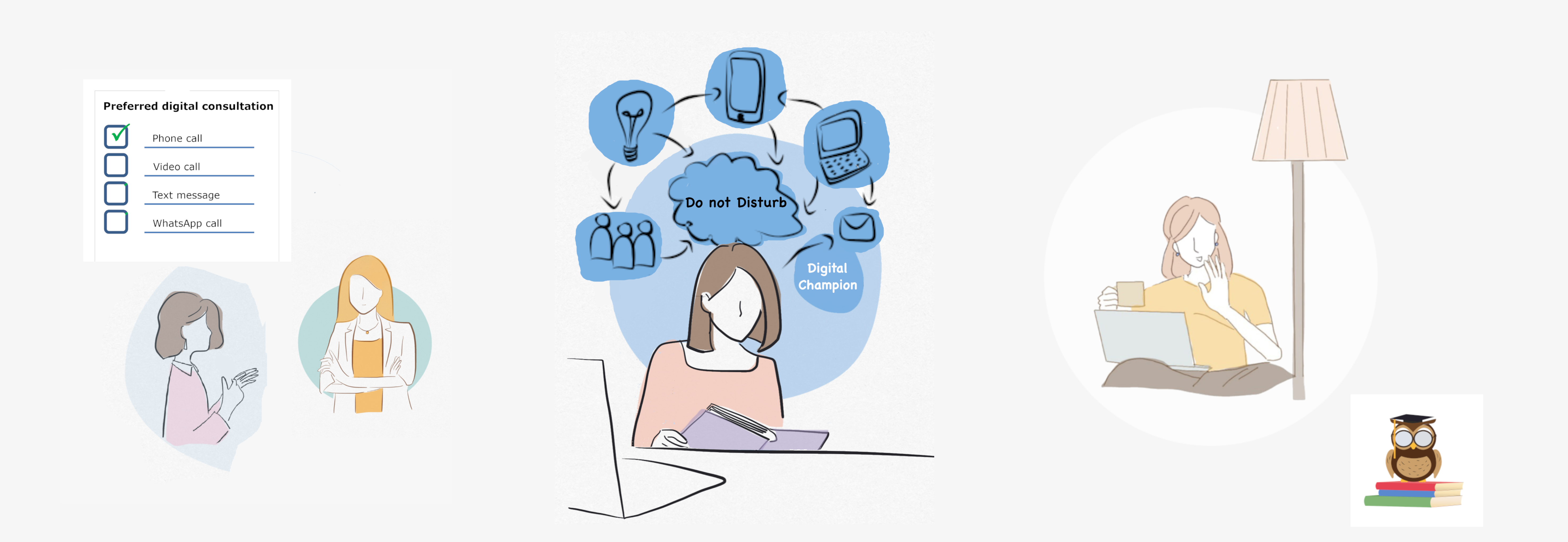 Illustration of a healthcare professional conducting a phone maternity care consulatation and a seperate image of consulataion booking options.