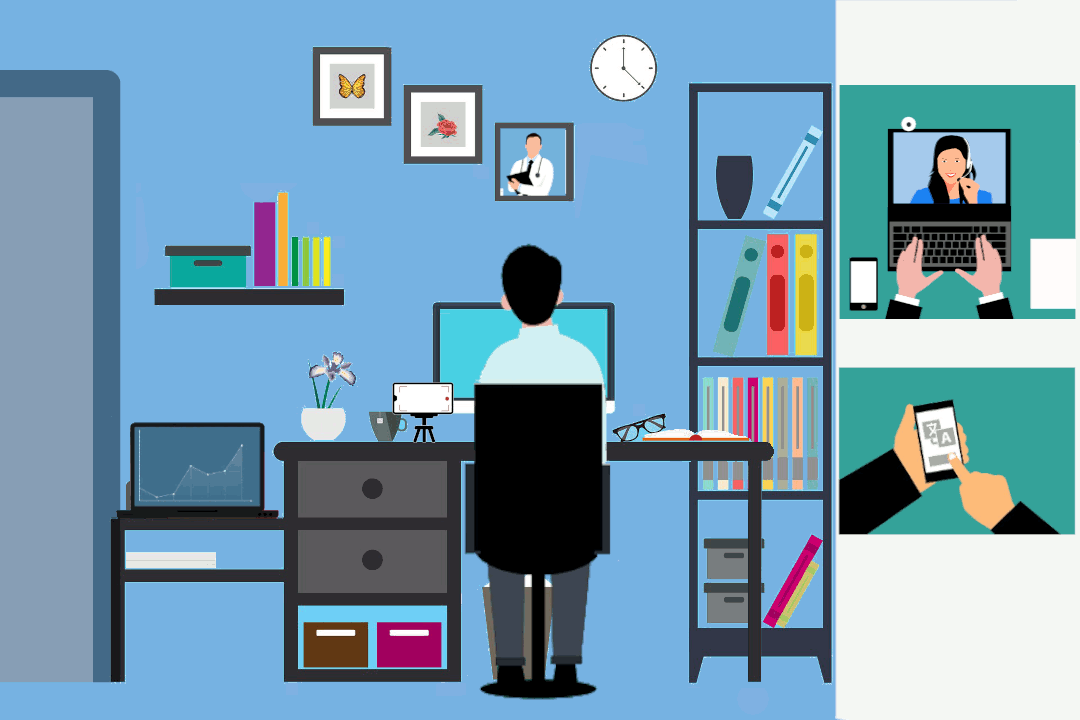 A busy office graphic with linked items necessary for creating a succesful environment for patient consultations.