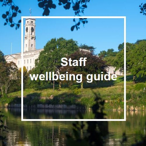 The lake on campus with the words "Staff Wellbeing Guide" overlaid.