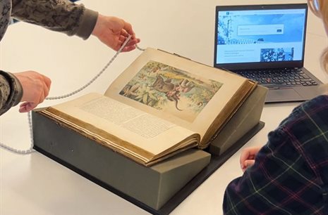 Manuscript open in a book rest showing an illustration with a person sat beside with open laptop. Hands of librarian in background laying a page marker.