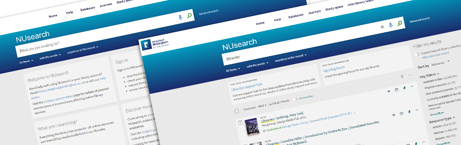 Screenshot of NUSearch home and result pages