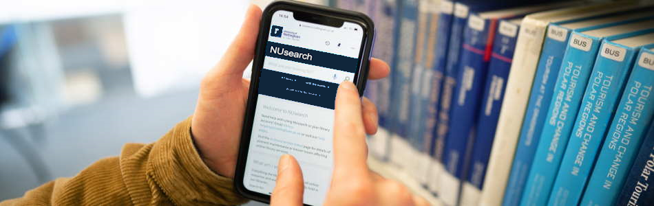 Close up of a student using NUsearch on their mobile phone