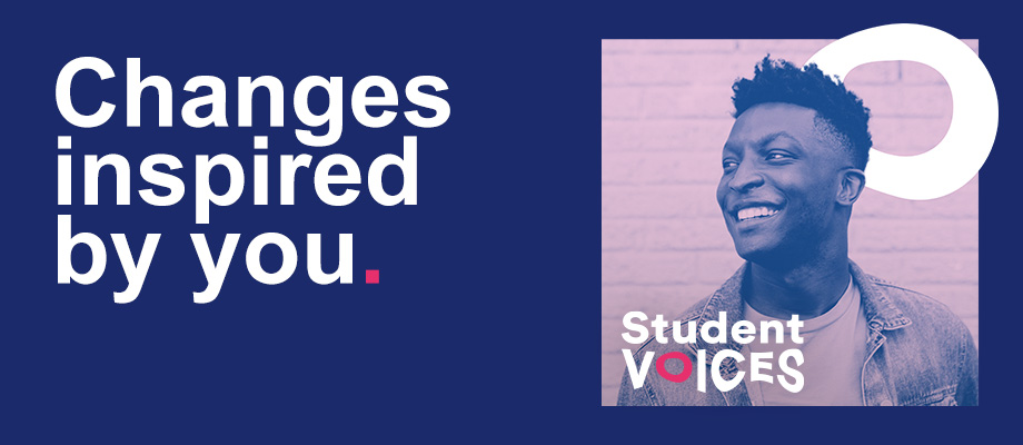 Changes inspired by you. Blue banner with image of student and the text Student Voices
