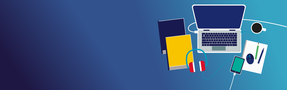 Decorative image of studying related icons on a blue gradient background