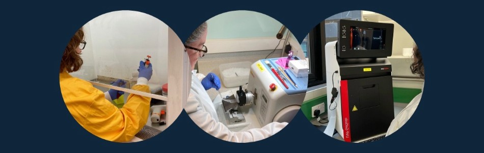 Three circular images of people working in the Biomedical Research laboratories on a dark blue background