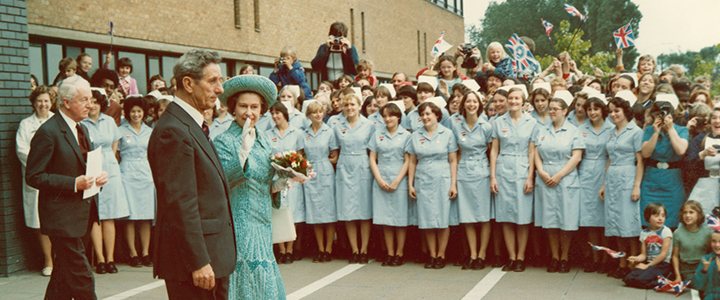 Queen Elizabeth II leaving the Medical School following the opening of the Queen's Medical Centre in 1977