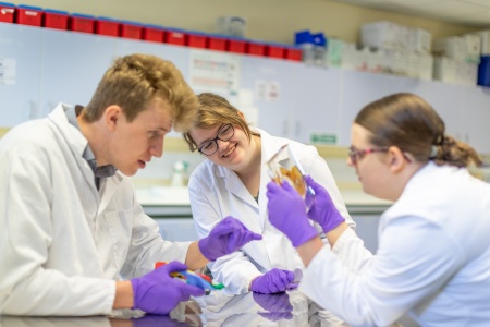 small group of students in lab coats and gloves analysing a sample in a laboratory