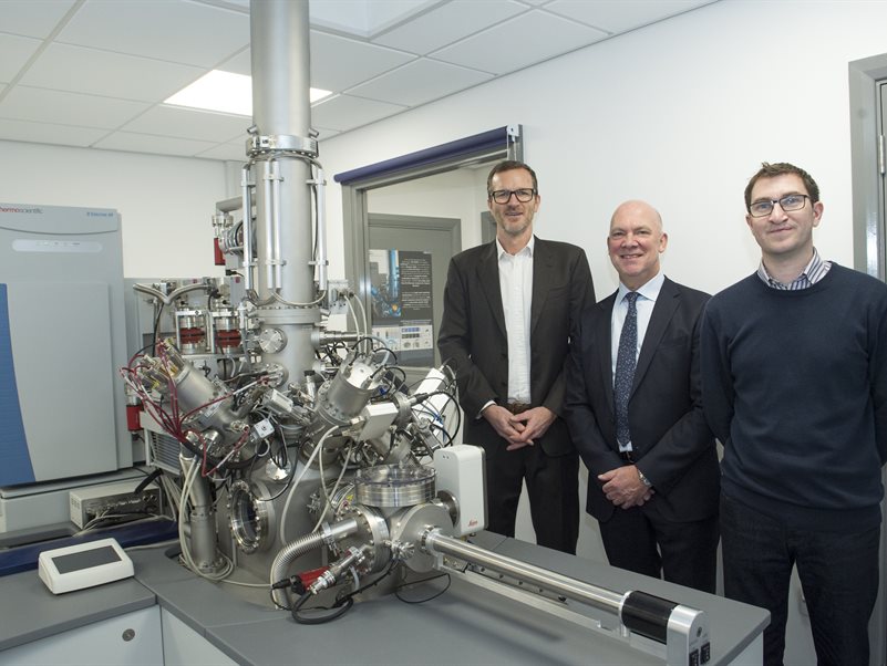Professor Morgan Alexander, Professor Martyn Davies and Dr. David Scurr in the new OrbiSIMS lab at the nmRC, 2019.