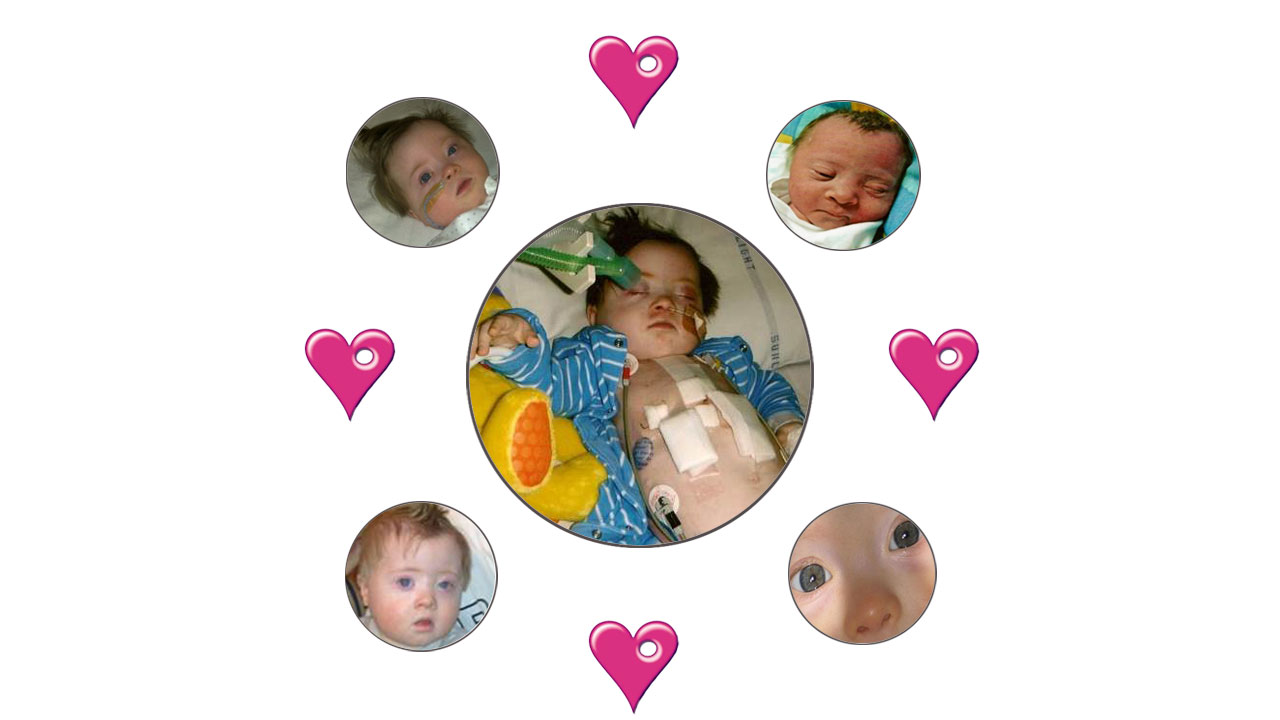 a picture a newborn boy in hospital and images of same child as a baby surrounded by heart graphics.