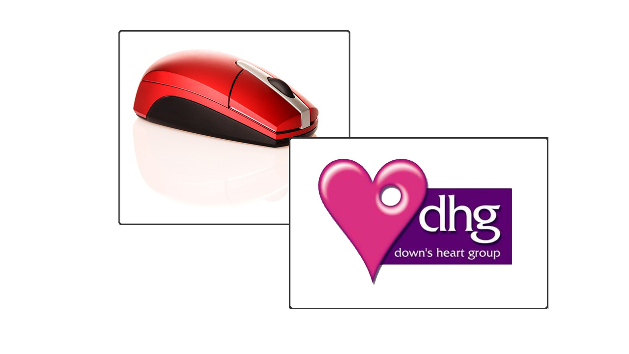a picture of a computer mouse next to a logo for the Down's heart group.