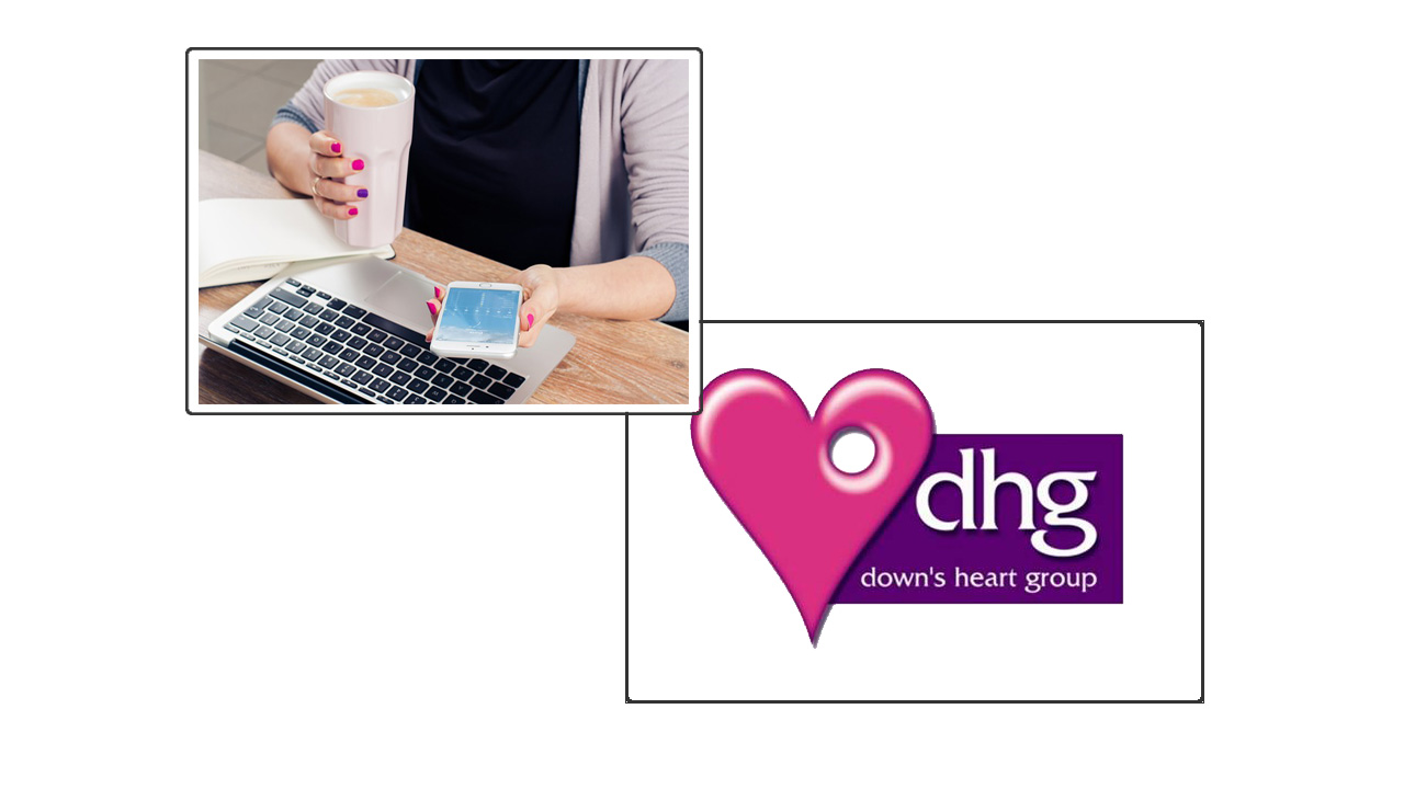 a picture of a woman using a mobile phone to make a call and the Down's heart group logo.