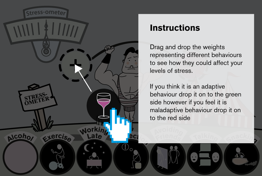 Instructions - Drag and drop the weights representing different behaviours to see how they could affect your levels of stress. If you think it is an adaptive behaviour drop it on to the green side. If you feel it is maladaptive behaviour drop it on to the red side.