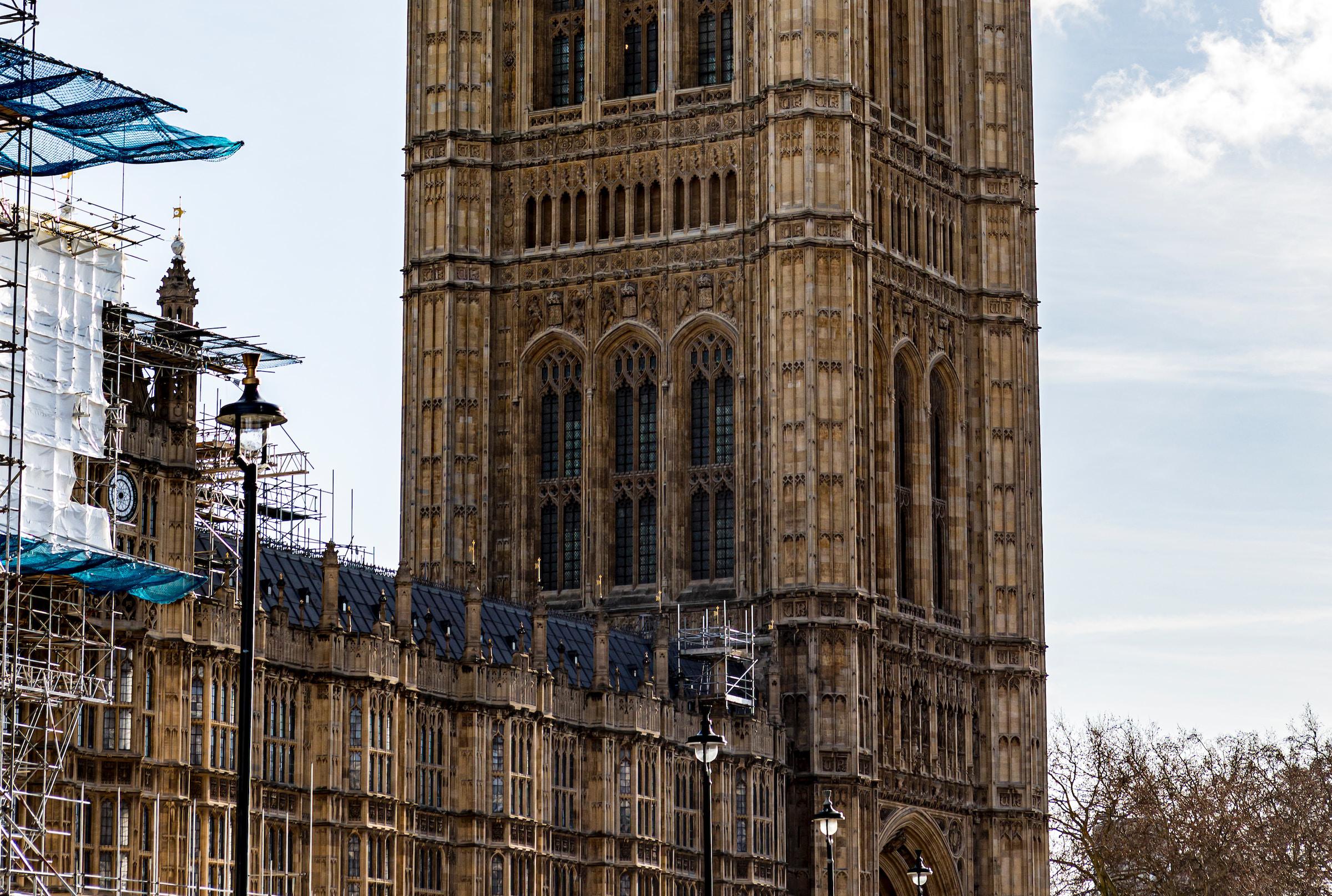 Parliament under renovation - one of the corner towers. London, England, January 2020
