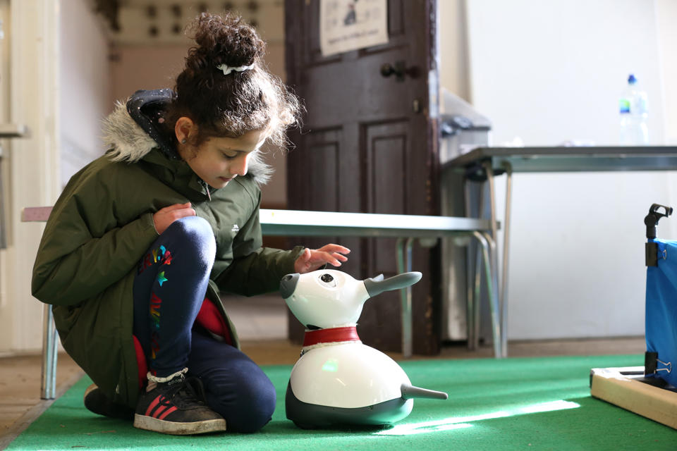 Child with a robot shaped like a dog