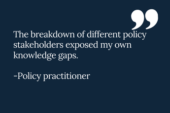 Quote from a policy practitioner with the text: The breakdown of different policy stakeholders exposed my own knowledge gaps