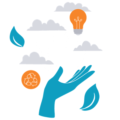 Illustration of a blue hand holding a globe surrounded by leafs, environmental symbols and a lightbulb