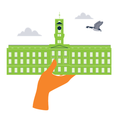 Illlustration of an orange hand holding aloft a green Trent Building with a geese flying above