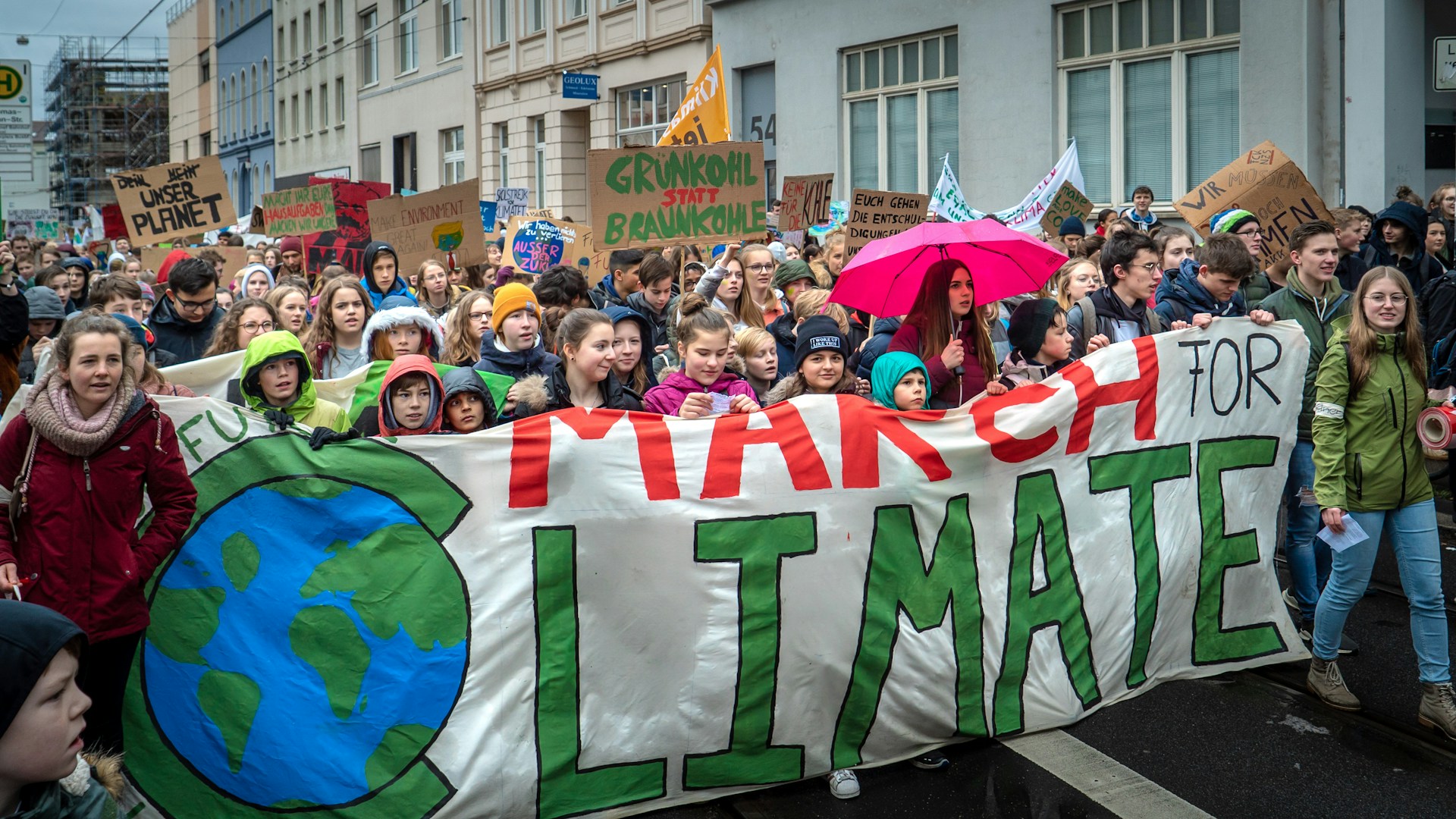 Large group of children on climate protest march