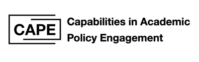 CAPE logo. Black text on a white background saying: CAPE Capabilities in Academic Policy Engagement