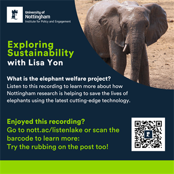 Poster with a QR code, image of an elephant and text that reads 'What is the elephant welfare project? Listen to this recording to learn more about how Nottingham research is helping to save the lives of elephants using the latest cutting-edge technology'