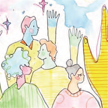 Colourful cartoon drawing depicting a group of colourful people with raised hands